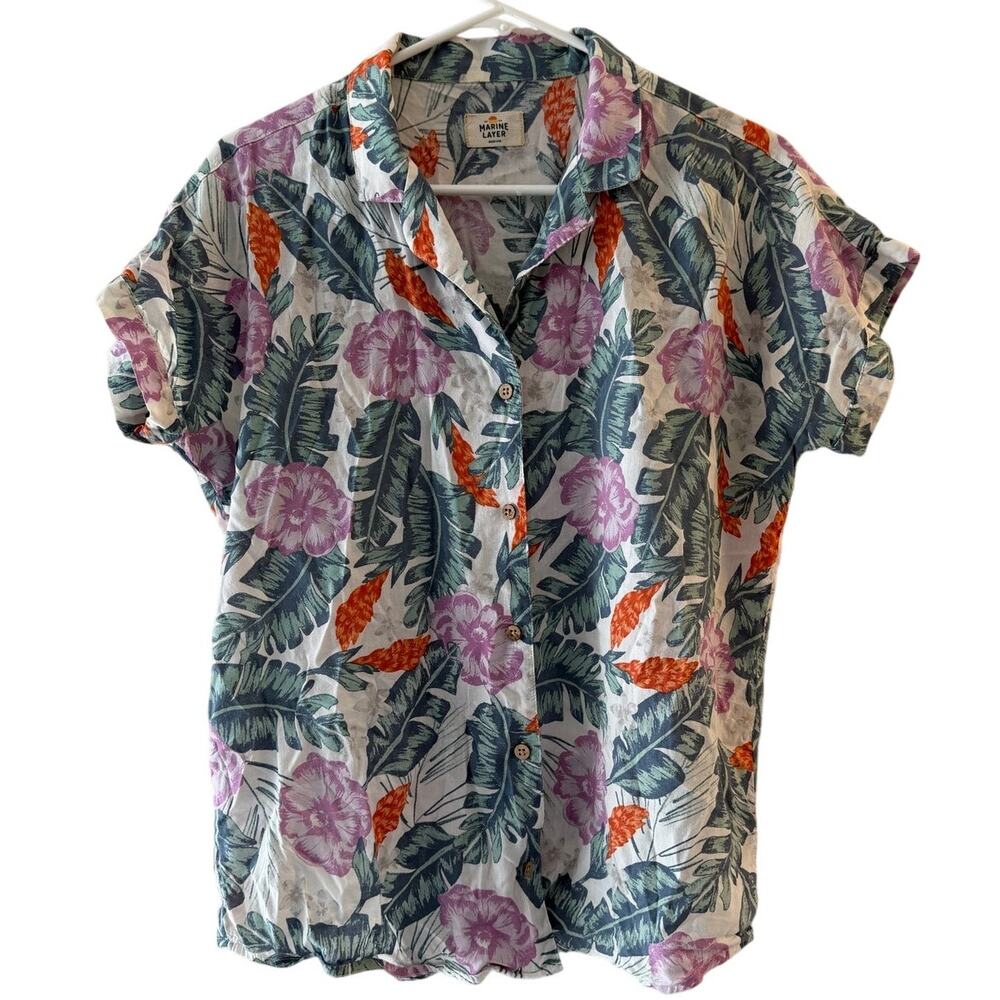 Marine Layer Shirt Women M Multicolor Floral Aloha 50/50 Vacation Camp Top LN